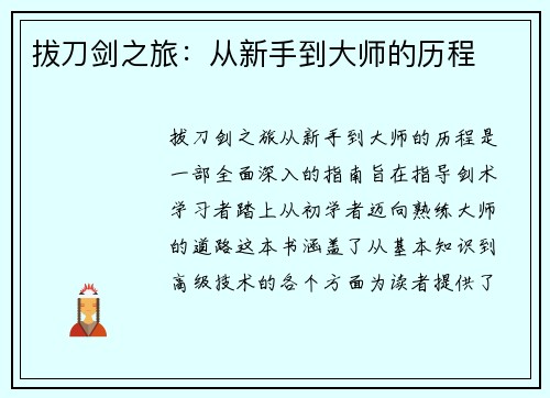 拔刀剑之旅：从新手到大师的历程